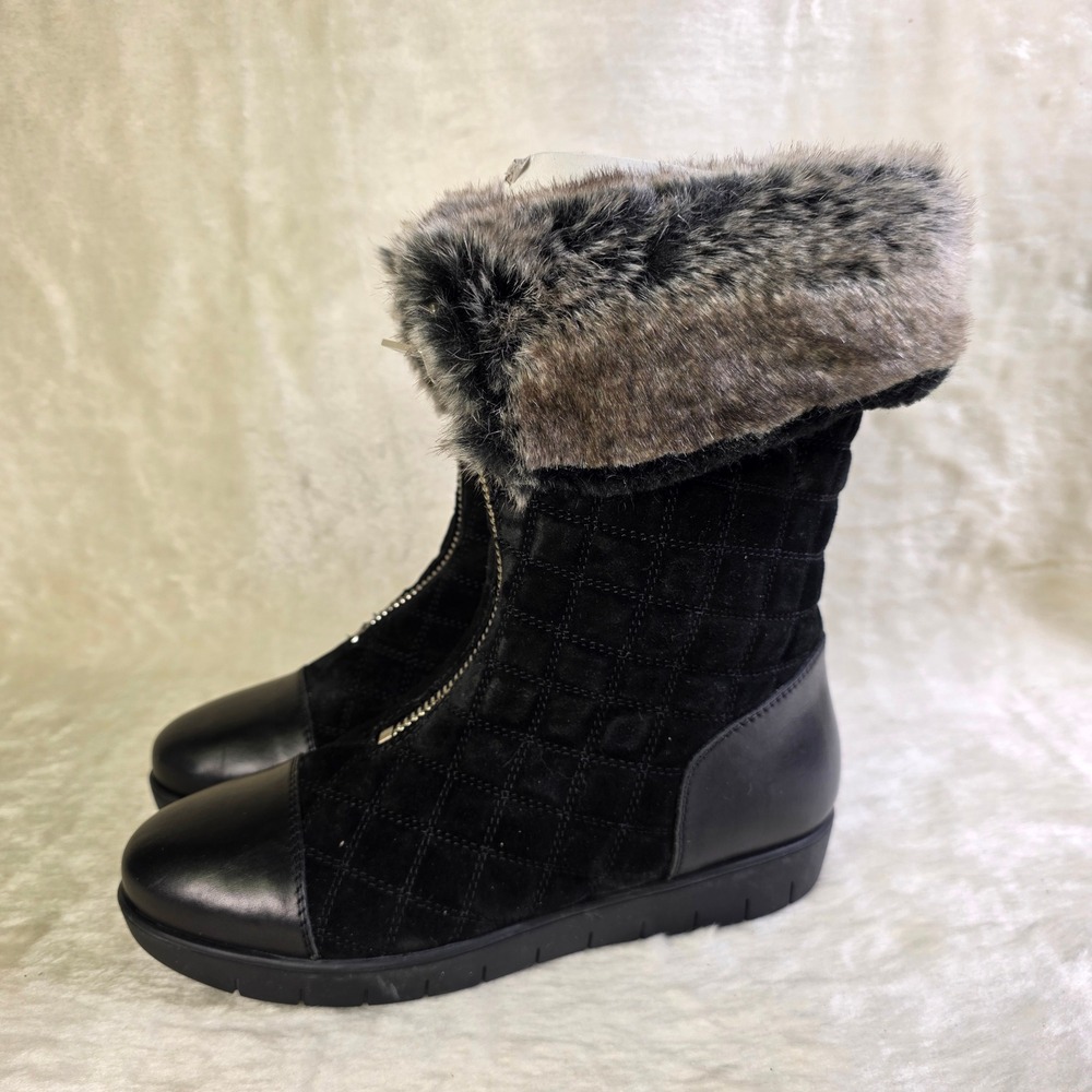 Aquatalia Quilted Mid Calf Snow Boots Faux Fur Trim Black Front Zip Women 7